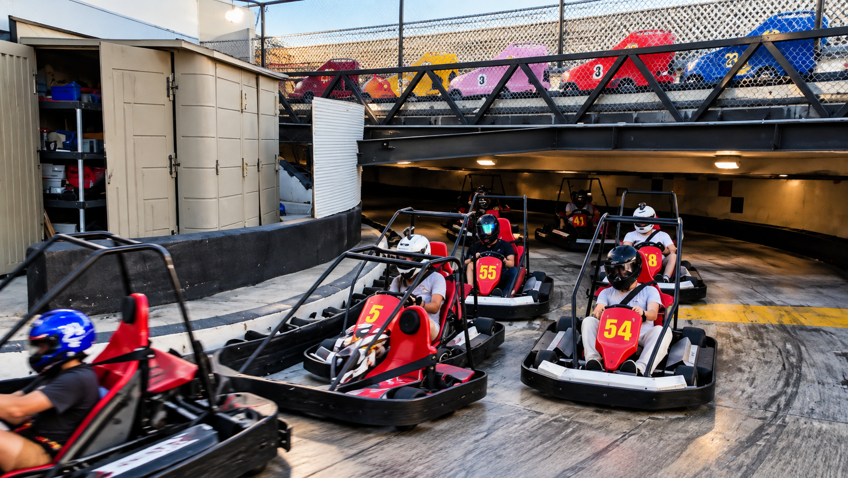 Generated representative scene of several go-kart racers rounding a track